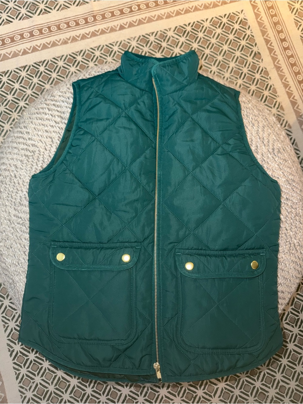 J. Crew Hunter Green Quilted Vest Pockets Mock Neck Zipper Fully Lined Size S